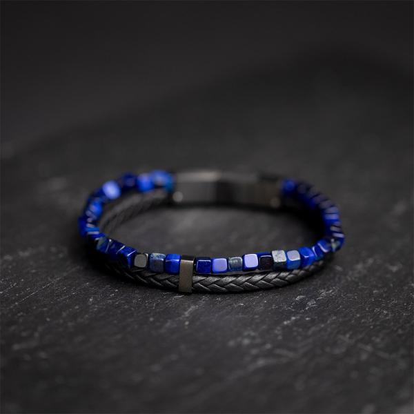 Doppeltes Armband mit schwarzem italienischem Leder und blauem Tigerauge-Stein - Double Night
